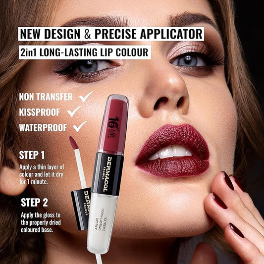 Dermacol NEW 16-Hour Lip Colour, Highly Pigmented Glossy Lip Stain, Two-Phase Lip Plumper Gloss, Kissproof Lip Makeup Products with Matte and Glitter Finish, n.6