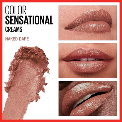 Maybelline Color Sensational Lipstick, Lip Makeup, Cream Finish, Hydrating Lipstick, Nude, Pink, Red, Plum Lip Color, Naked Dare, 0.15 oz; (Packaging May Vary)