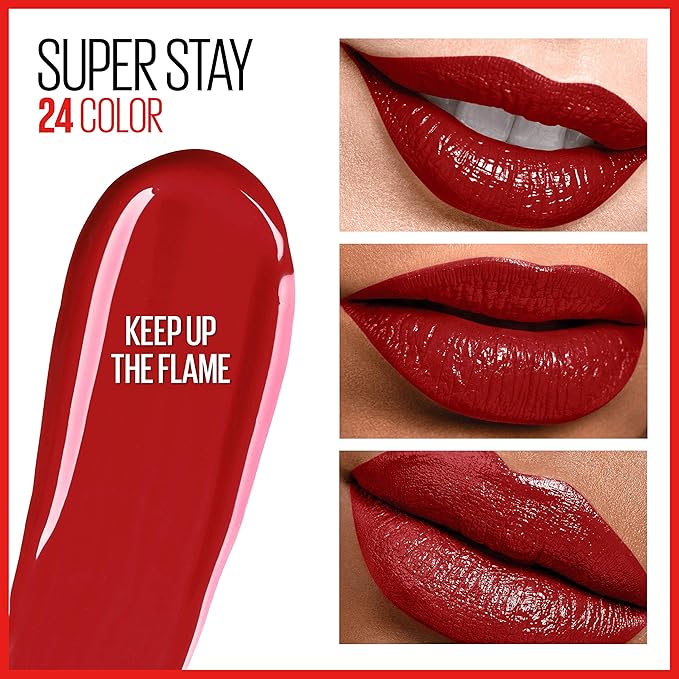 Maybelline Super Stay 24, 2-Step Liquid Lipstick Makeup, Long Lasting Highly Pigmented Color with Moisturizing Balm, Keep Up The Flame, Red, 1 Count