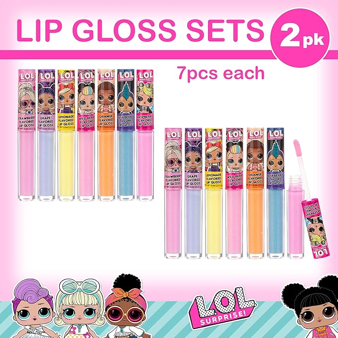 L.O.L Surprise! 14pc Lip Gloss for Girls, Lol Lip Gloss Set Value Pack, 14 Assorted Fruit Flavored Lip Glosses, Non Toxic, Kid Friendly, Party Favors, Gift For Kids