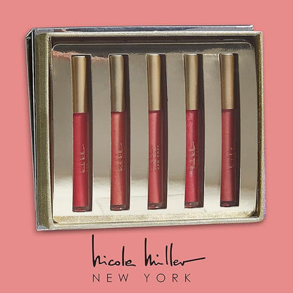 Nicole Miller Lip Gloss Collection Shimmery Glosses for Women and Girls Long Lasting Color Set with Rich Varied Colors, Silver City, 5 Count (Pack of 1)