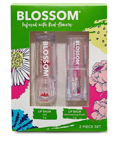 Blossom Moisturizing Scented pH Color Changing 2 pack, Strawberry Scented Crystal Lip Balm (Red), Shimmer Sparkle Lip Stain Tint (Blush), Infused with Real Flowers, 6g, Red/Blush