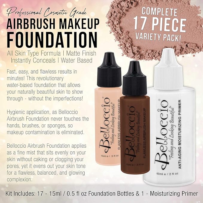 Belloccio Master Set Of All 17 Foundation Shades of Belloccio's Professional Cosmetic Airbrush Makeup, 1/2 oz. Bottles plus a 2 oz. Moisturizing Primer