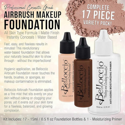 Belloccio Master Set Of All 17 Foundation Shades of Belloccio's Professional Cosmetic Airbrush Makeup, 1/2 oz. Bottles plus a 2 oz. Moisturizing Primer