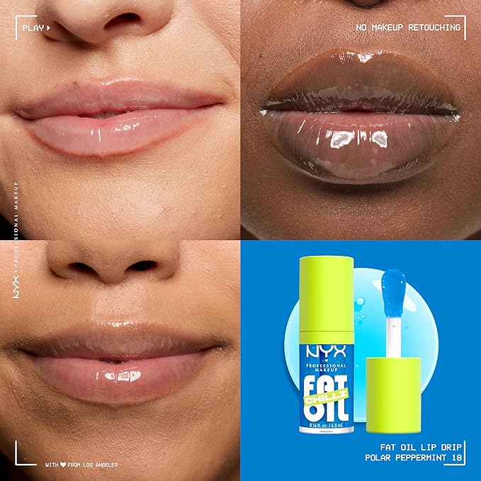 NYX PROFESSIONAL MAKEUP Fat Oil Chillz, Moisturizing, Shiny and Vegan Tinted Lip Gloss - Polar Peppermint (Sheer Blue)