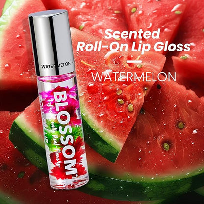 Blossom Roll on Lip Gloss, Scented Clear High Shine Moisturizing Lip Oil, Non Sticky, Infused with Real Flowers, Made in USA, 0.2oz, Watermelon