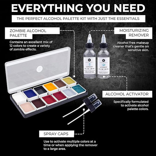 Zombie Alcohol-Activated Palette, Activator, and Remover Kit, Professional SFX Makeup Set