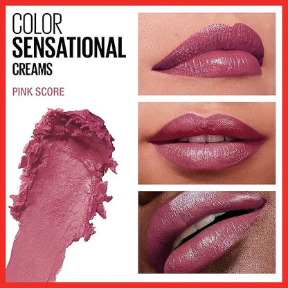 Maybelline Color Sensational Lipstick, Lip Makeup, Cream Finish, Hydrating Lipstick, Nude, Pink, Red, Plum Lip Color, Pink Score, 0.15 oz; (Packaging May Vary)