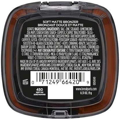 L'Oreal Paris Infallible Up to 24H Fresh Wear Soft Matte Longwear Bronzer. Waterproof, heatproof, Transfer, humidity and sweatproof, Deep Tan, 0.31 oz