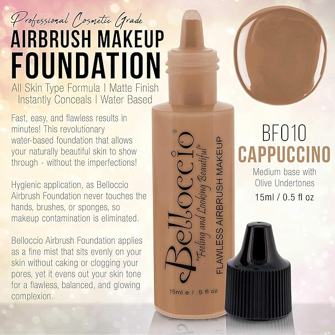 Belloccio's Professional Cosmetic Airbrush Makeup Foundation 1/2oz Bottle: Cappuccino- Medium with Olive Undertones