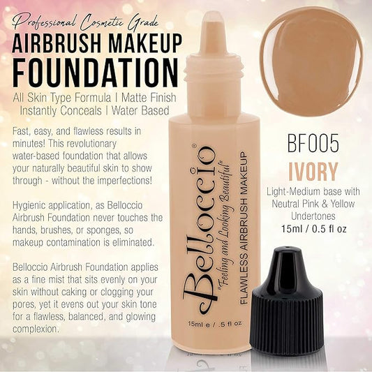 Belloccio's Professional Cosmetic Airbrush Makeup Foundation 1/2oz Bottle: Ivory- Light-medium Neutral Pink And Yellow Undertones