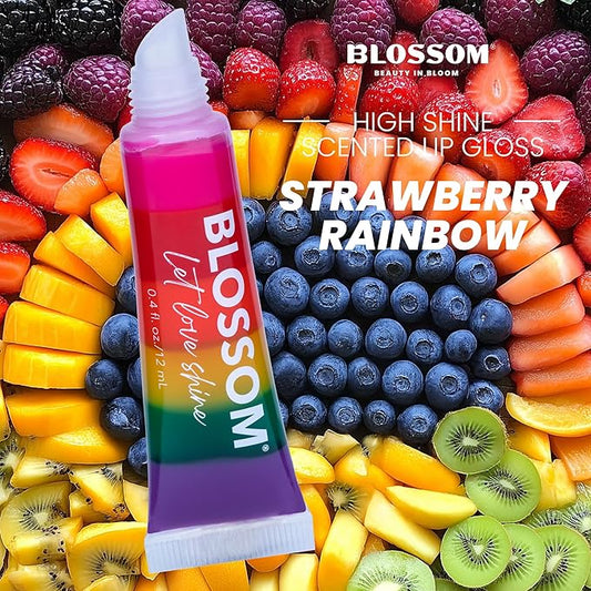 Blossom Tinted Lip Gloss, High Shine Lip Gel, Strawberry Scented, Thick Moisturizing Lip Gloss Tubes, Infused with Real Flowers, 0.4oz, Let Love Shine Rainbow