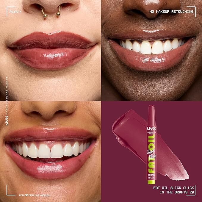 NYX PROFESSIONAL MAKEUP Fat Oil Slick Click, Lightweight, Buildable Pigmented Vegan Lip Balm - In The Drafts (Brown)