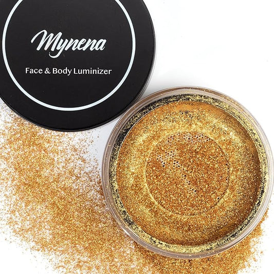 Mynena Golden Loose Powder Highlighter – Vegan Paraben-Free Face & Body Luminizer | Ultra-Fine Shimmer for Radiant Glow | Buildable Festival Makeup | Wet or Dry Application | Cruelty-Free - Gold