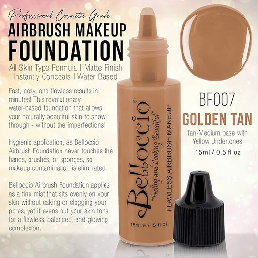 Belloccio's Professional Cosmetic Airbrush Makeup Foundation 1/2oz Bottle: Golden Tan- Medium Yellow Undertones
