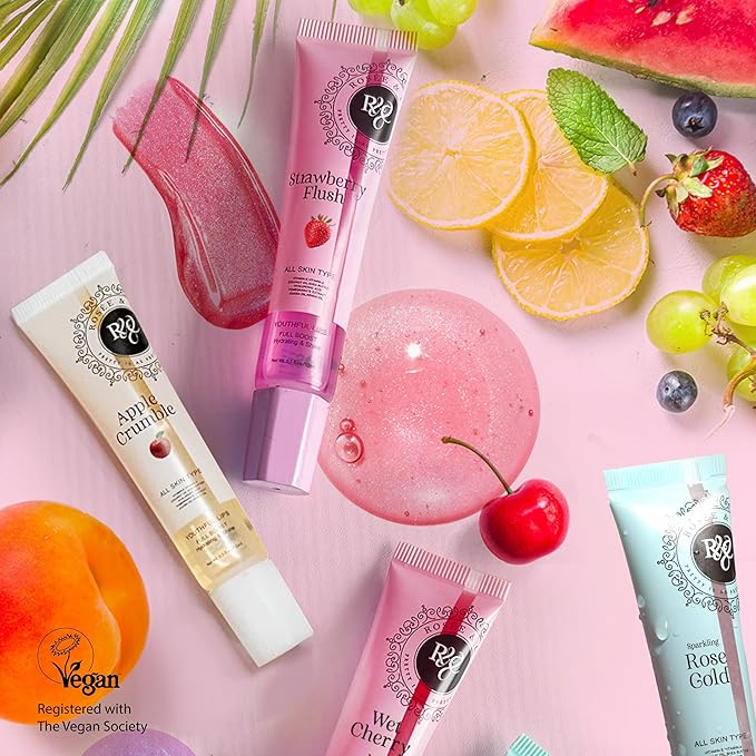 ROSÉE & CO Rosee Lip Gloss Vegan & Cruelty Free Treatment, Professional Make up, Long Lasting Glossy with Shea Butter, Moisturize, Protect & Smooth, High Shine, Non-Sticky (g. Strawberry Flush, 0.5)