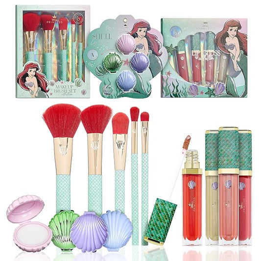Disney Belle Maison Cosmetic Makeup Set, Makeup Essential, Princess Ariel - Includes 5pc Makeup Brush, 4pc Lip Gloss, 4pc Lip Balm