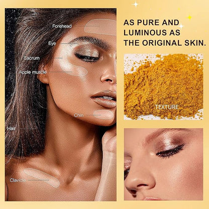 Glitter Powder Highlighter Makeup, Fairy Highlight Shimmer Body Glitter Brush Powder Brightens the Natural 3D Face Patting Powder Blusher for Brighten Face Body Lips Makeup Kit(06# Gold)